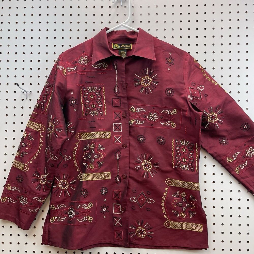 Mirasol Women's Silk Blend Button Down Embroidered Beaded Size‎ S Aztec Western